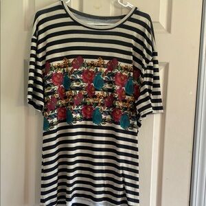 Crazy Train Black and White Floral Stripe Tee